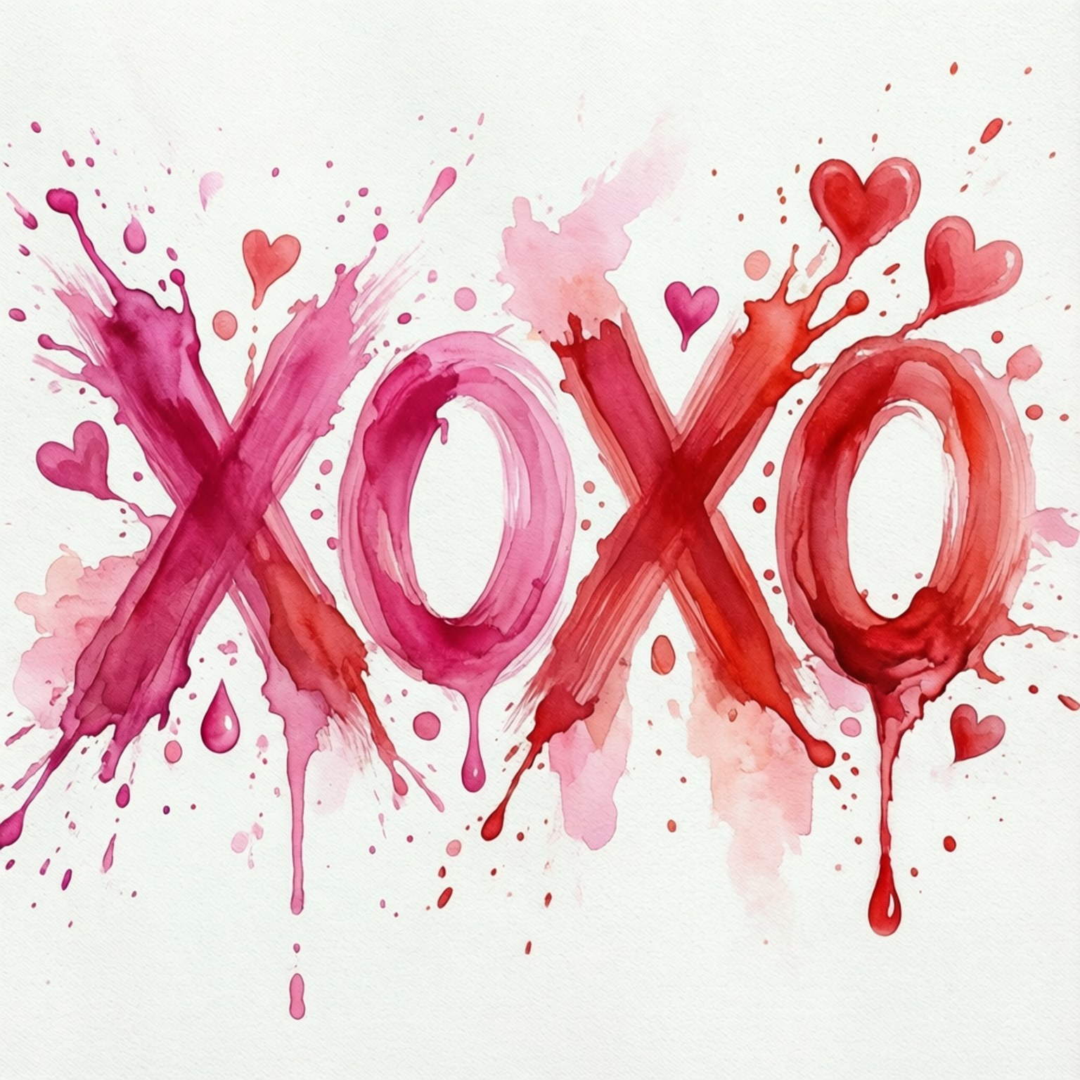 水彩XOXO藝術 壁紙 — 鮮豔的水彩潑濺形成字母 XOXO，帶有滴落的粉紅色和紅色色調，以及散落在白色背景上的心形圖案。