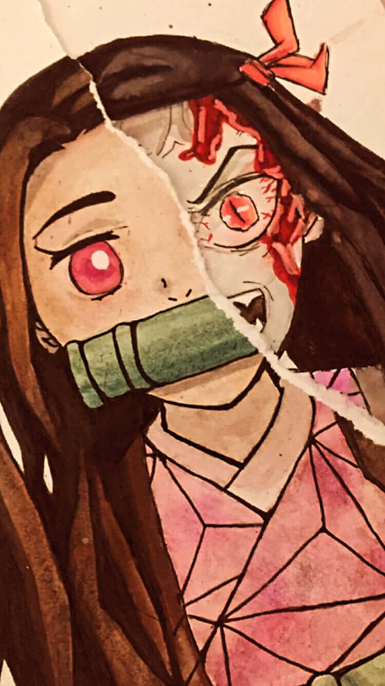Demon Slayer Half-demon 桌布 壁紙 — 水彩動畫女孩，紅眼睛，綠色封口布從中間裂開，露出血腥惡魔臉。