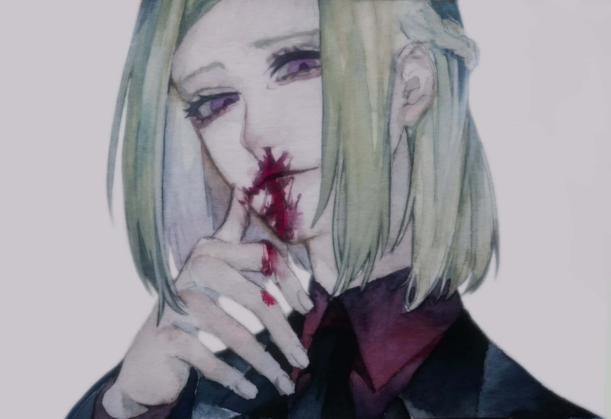 Akira Mado 桌布 壁紙 — 水彩動畫風女孩，蒼白皮膚、金髮，嘴唇和手指上有血，手持香煙。