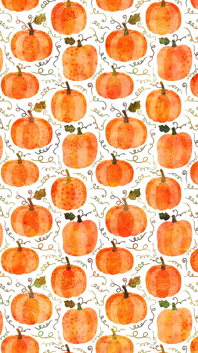 Cute Orange 桌布 壁紙 — 水彩南瓜帶有斑駁的橙色色調和綠色藤蔓，在白色背景上重複成節日秋季圖案。