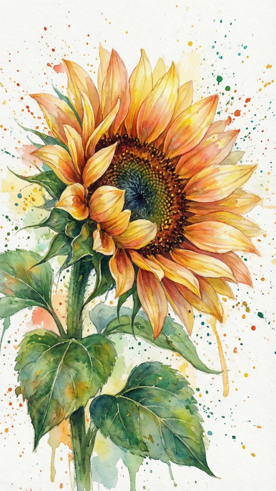 水彩向日葵盛放 壁紙 — 一幅充滿活力的水彩向日葵，金色花瓣和綠色葉子上濺滿彩色顏料滴，背景為白色。