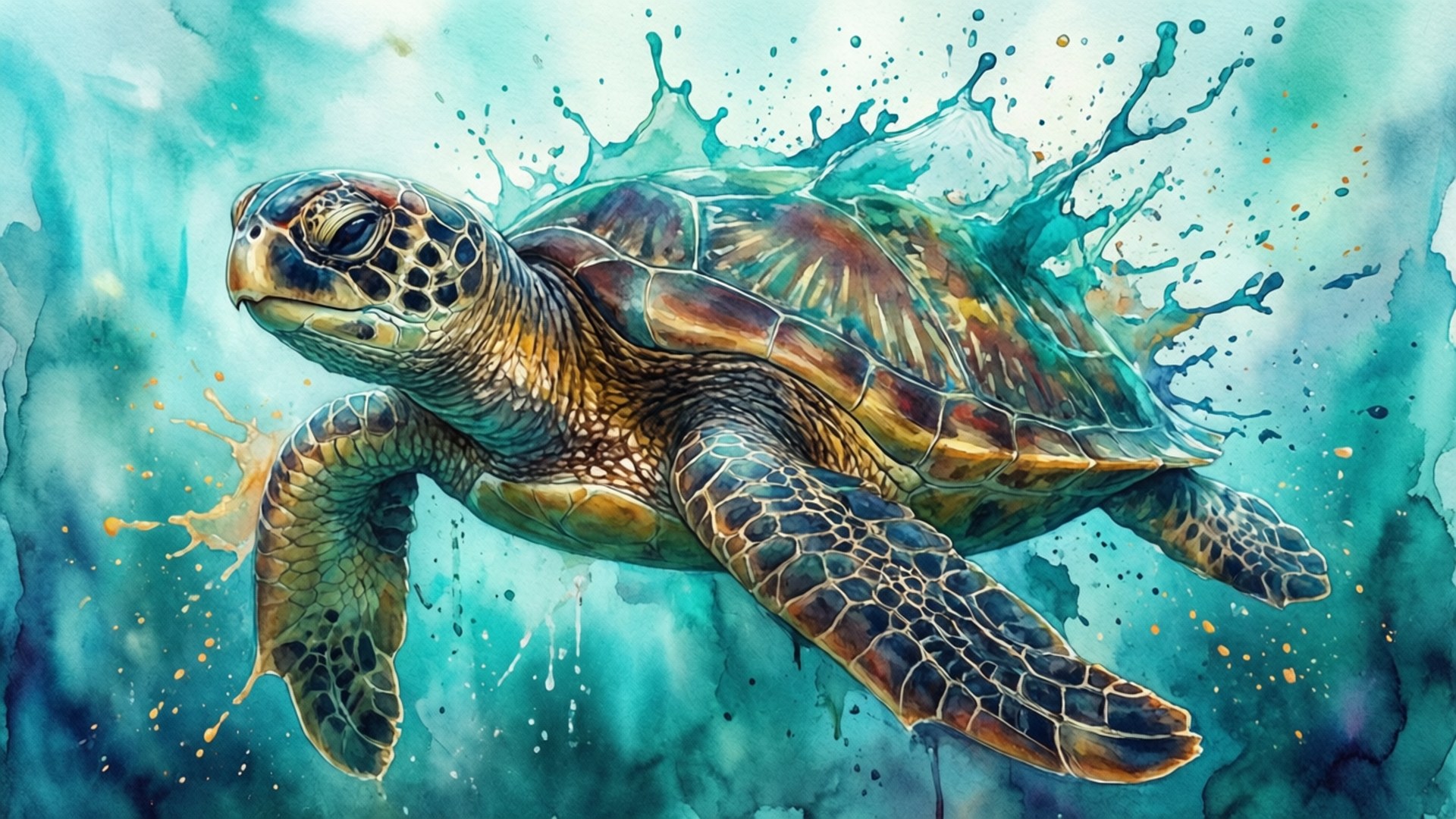 一隻色彩繽紛的水彩海龜在飛濺的海浪中游泳。