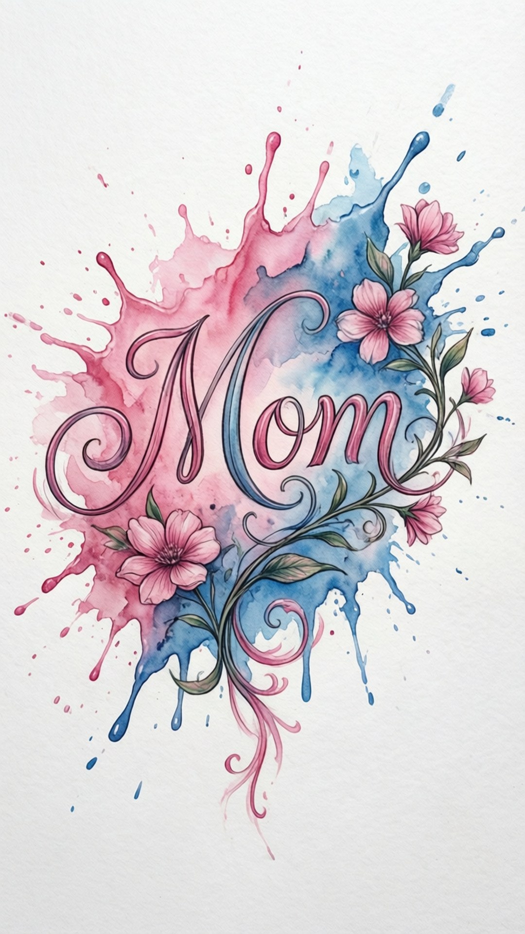 水彩藝術品，其中「Mom」一字被粉紅色花朵和藍粉紅色潑濺環繞。
