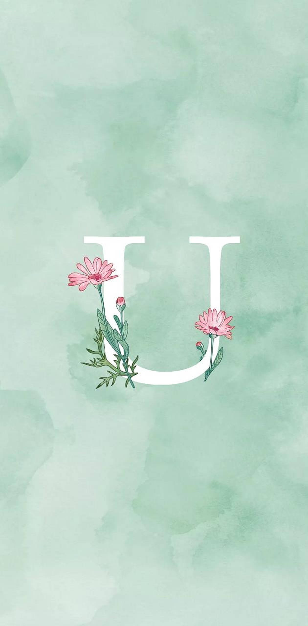 水彩字母U 壁紙 — 一個白色字母U，點綴著粉紅花朵和綠色莖幹，置於柔和的薄荷水彩背景上。