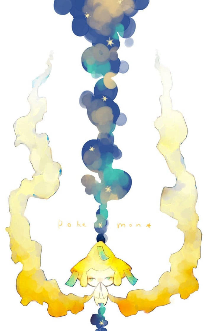 黃色寶可夢角色被旋轉的煙霧和星星環繞