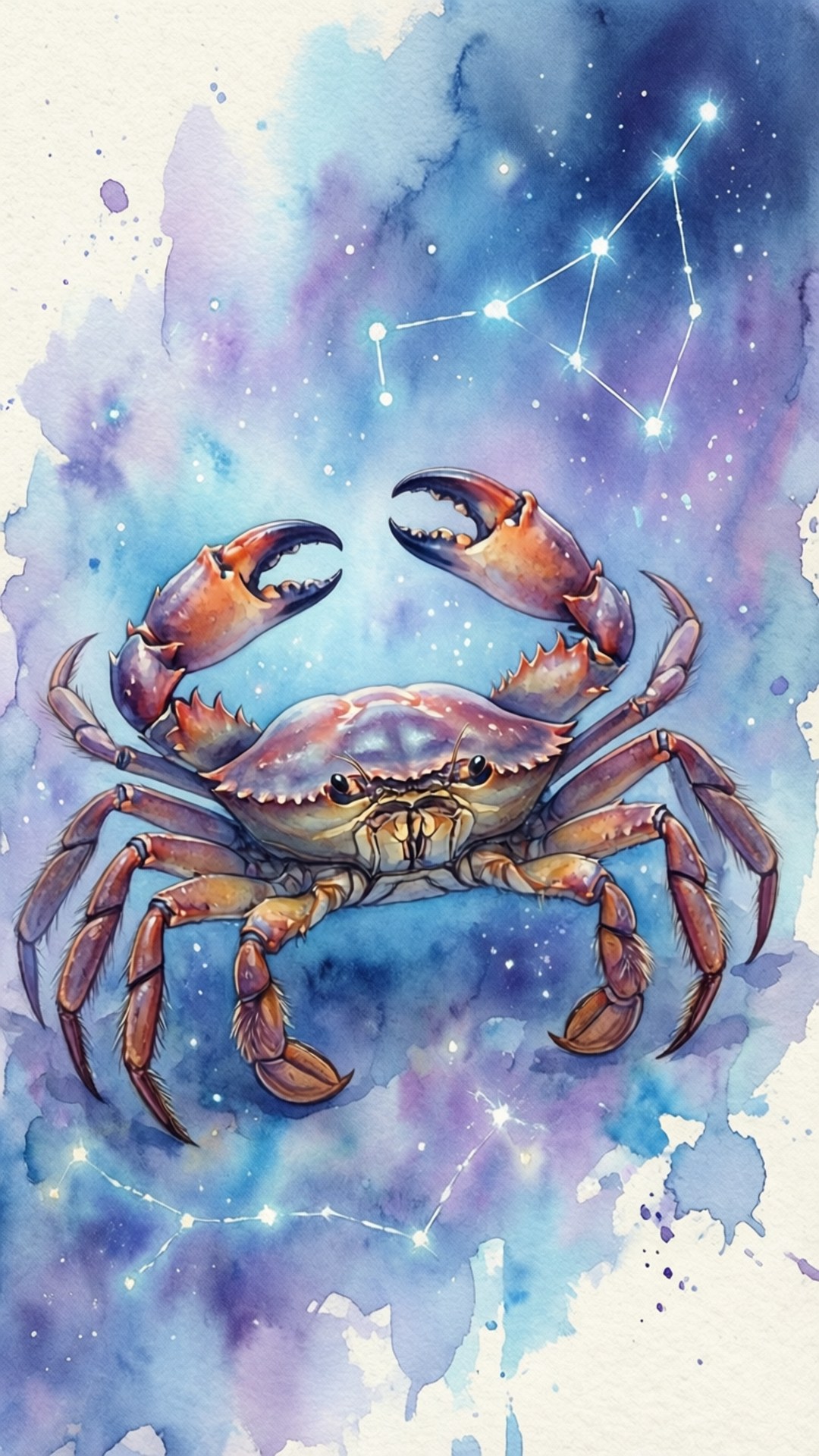 水彩巨蟹座星圖 壁紙 — 一隻水彩蟹漂浮在繁星點點的宇宙背景中，上方巨蟹座星座閃耀。