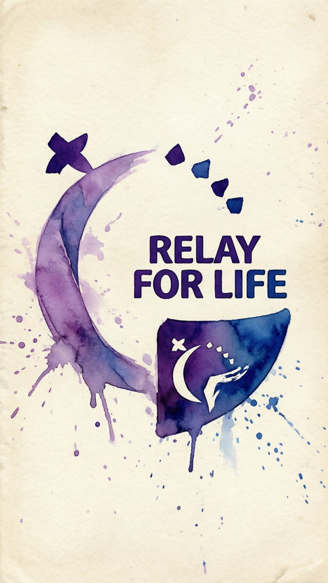水彩希望 壁紙 — 水彩潑濺設計，包含新月和Relay for Life標誌，位於有紋理的奶油色紙上。