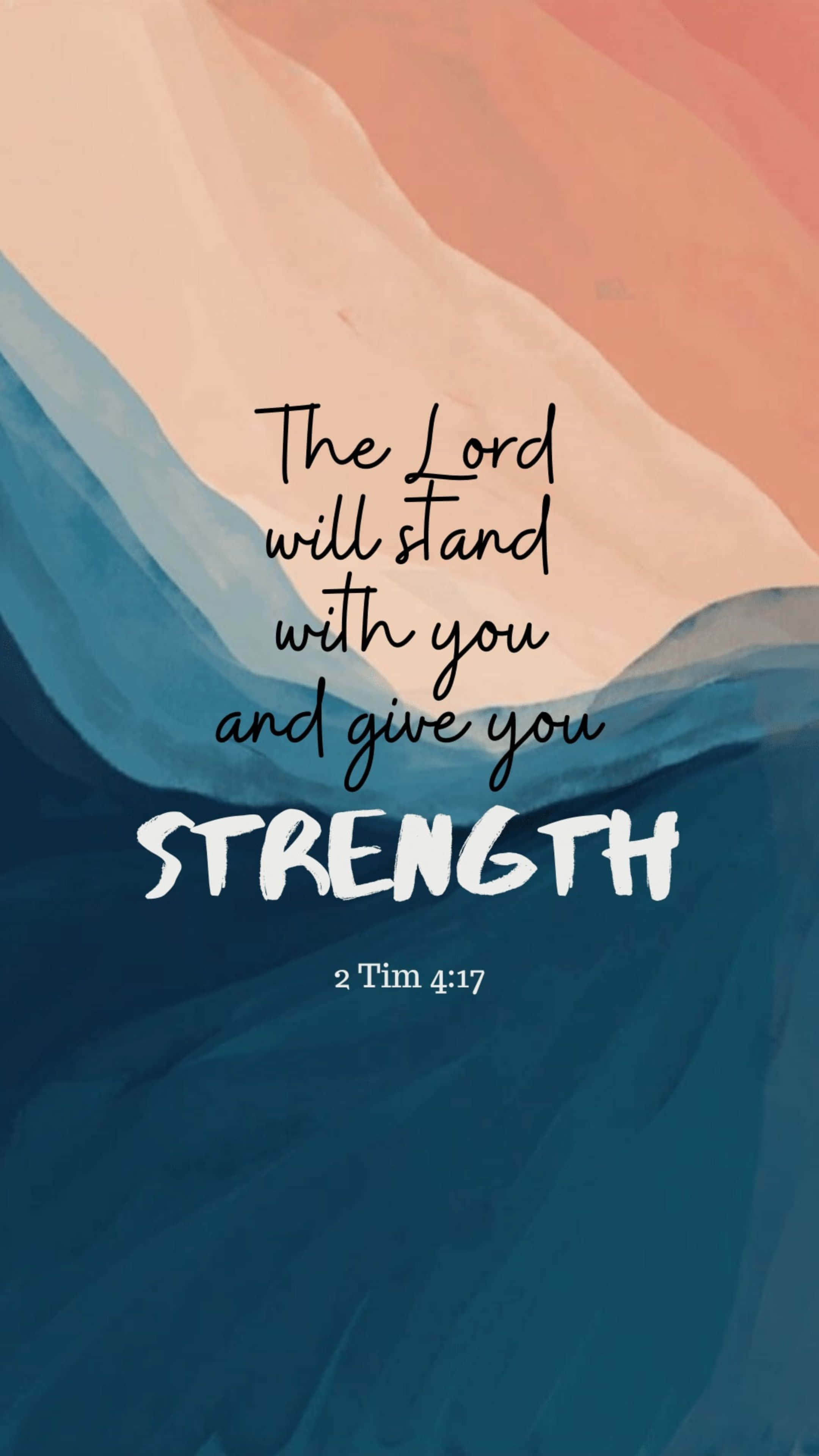 Bible Verse iPhone 桌布 壁紙 — 水彩抽象背景以藍色和蜜桃色調呈現，優雅字體寫著聖經經文「主必與你同在，賜你力量」。