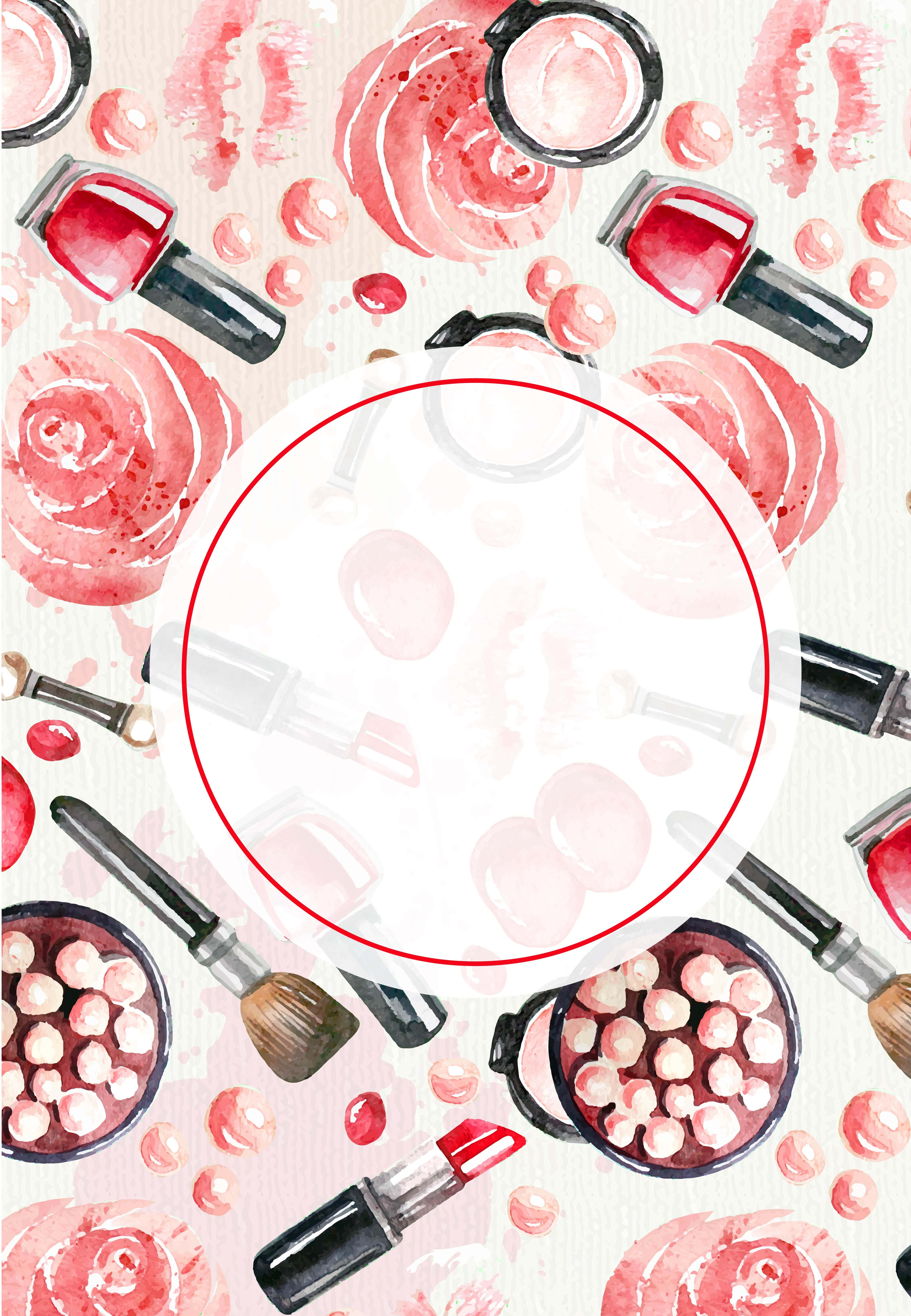Cosmetics 桌布 壁紙 — 水彩插圖，粉紅玫瑰與化妝品如唇膏、刷子和粉餅圍繞中央圓圈排列。