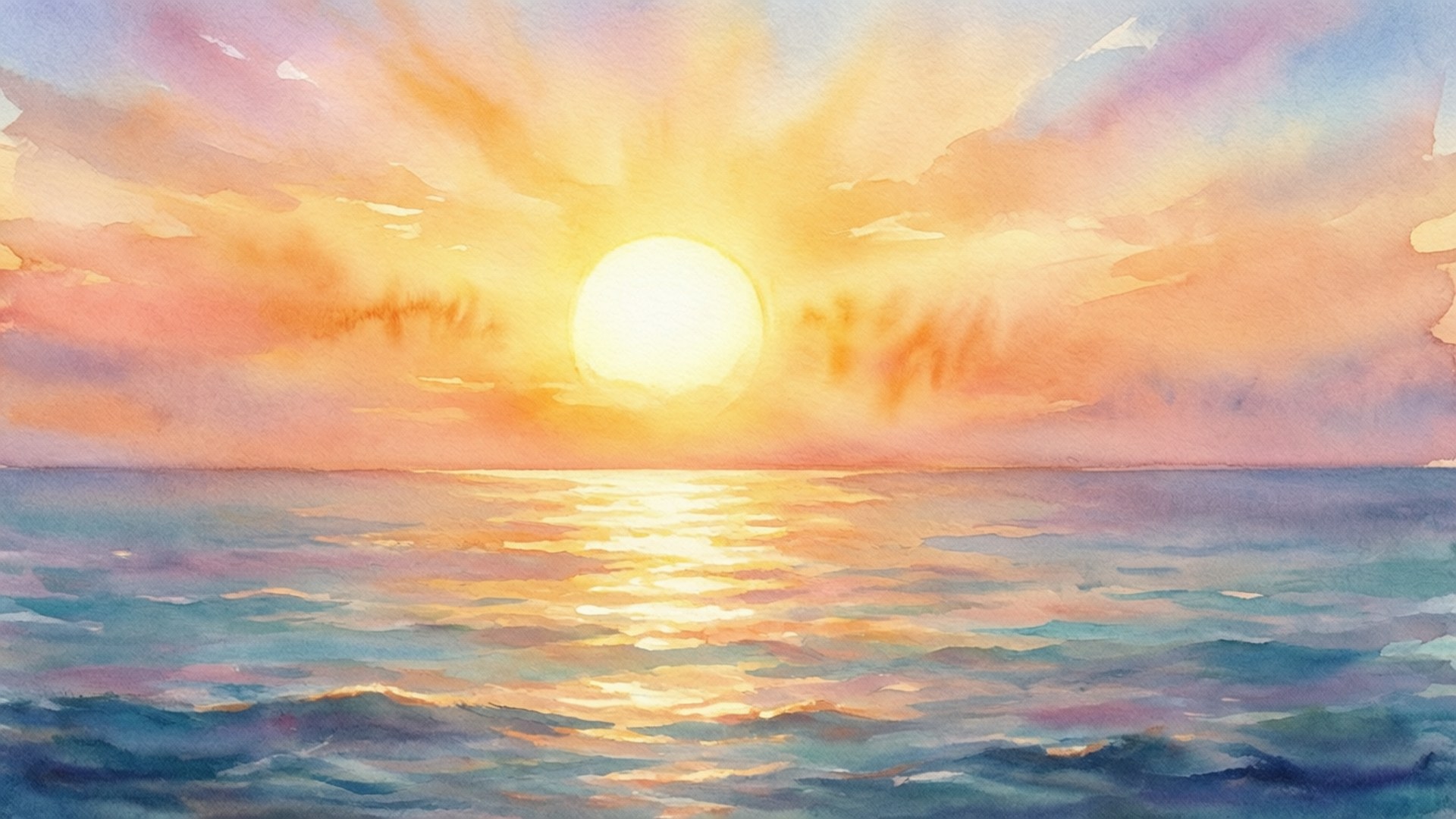 海上日落，金色光芒反射在水面上，粉彩天空。