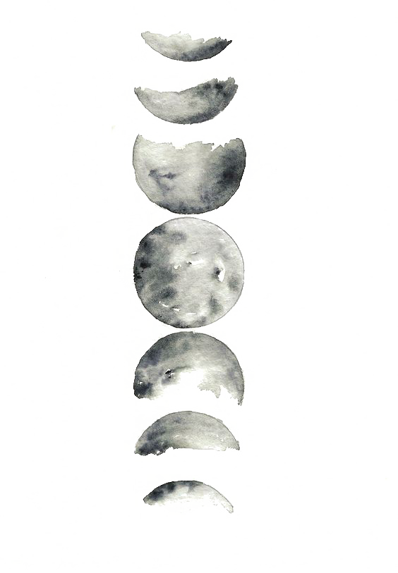 水彩月相圖 壁紙 — 垂直水彩序列，展示從新月到滿月再回到新月的月相變化，背景為白色。