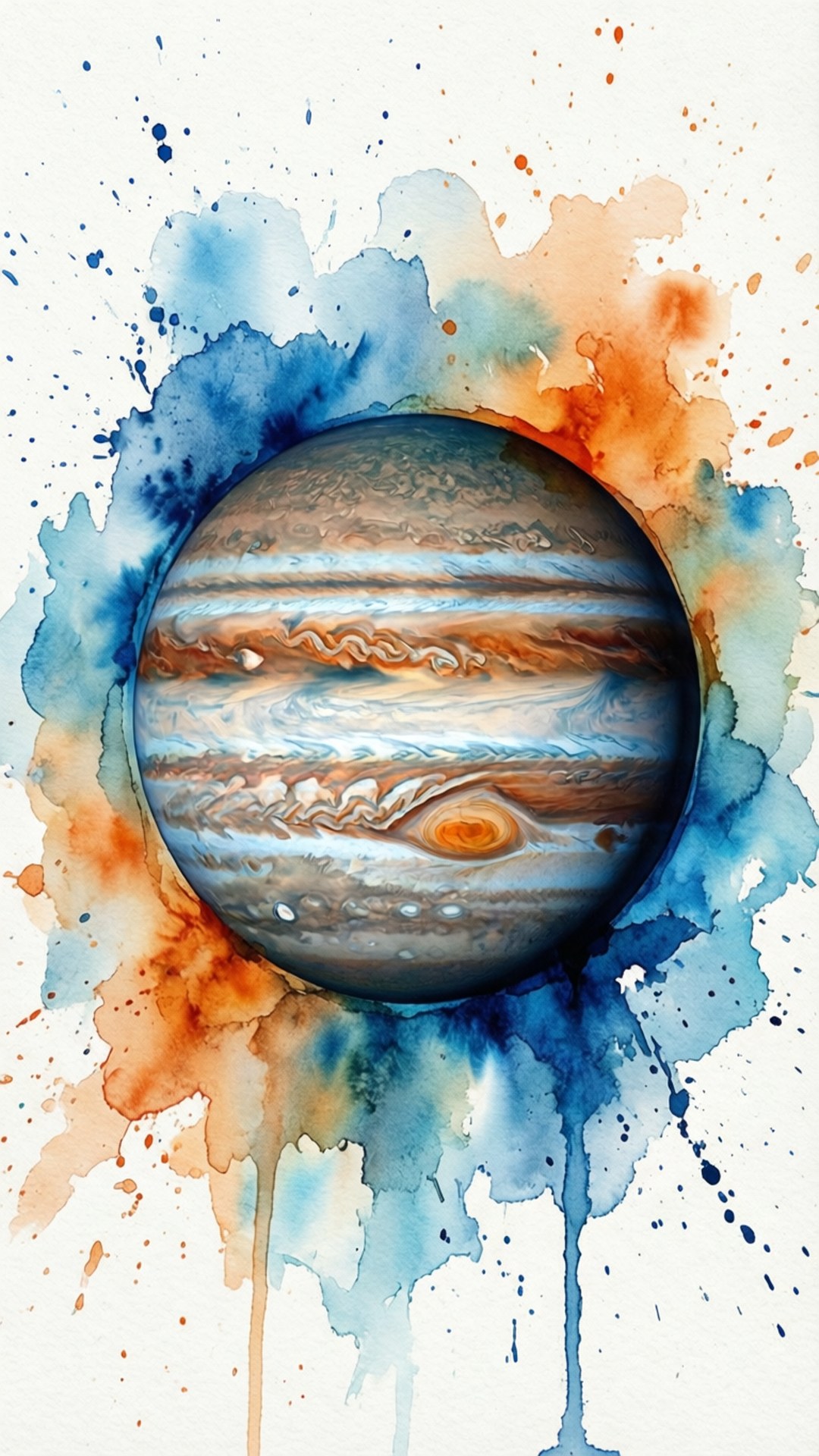 水彩木星 壁紙 — 一幅水彩畫，描繪木星被鮮豔的藍色和橙色飛濺和滴落在白紙上。