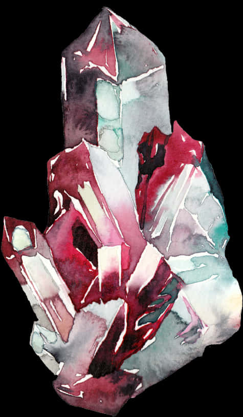 水彩水晶簇藝術作品 壁紙 — 鮮豔的水彩紅色和青色水晶在漆黑的背景上發光，邊緣柔和暈染。