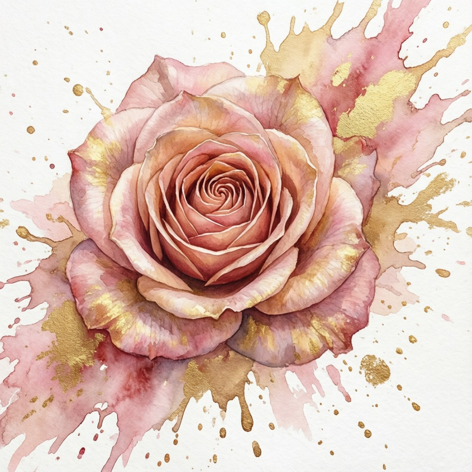 白色背景上帶有顏料飛濺的粉紅和金色水彩玫瑰
