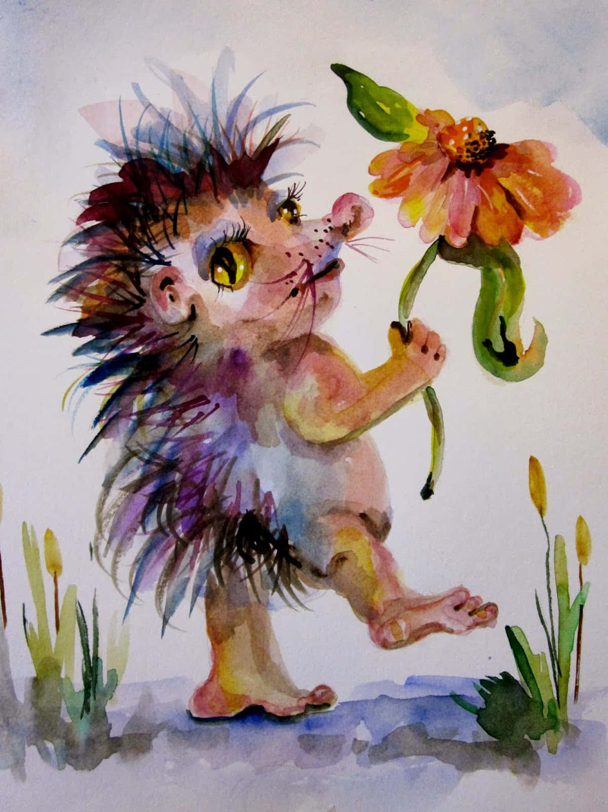 水彩畫：一隻刺蝟手持花朵 壁紙