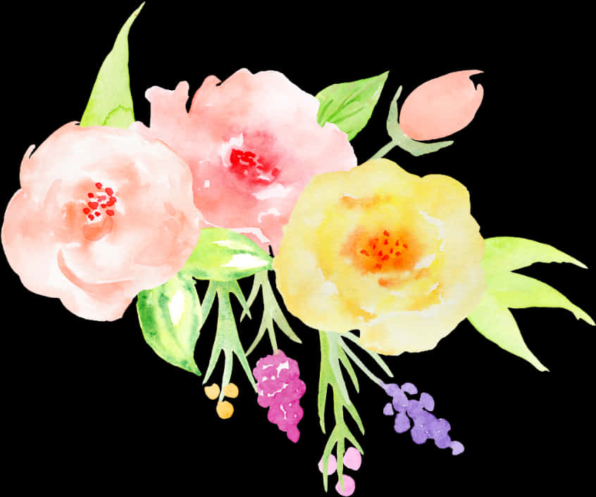 水彩粉黃花藝術 壁紙 — 柔軟的水彩花朵以粉紅、黃色和紫色在純黑背景上綻放，搭配精緻的綠色葉子。