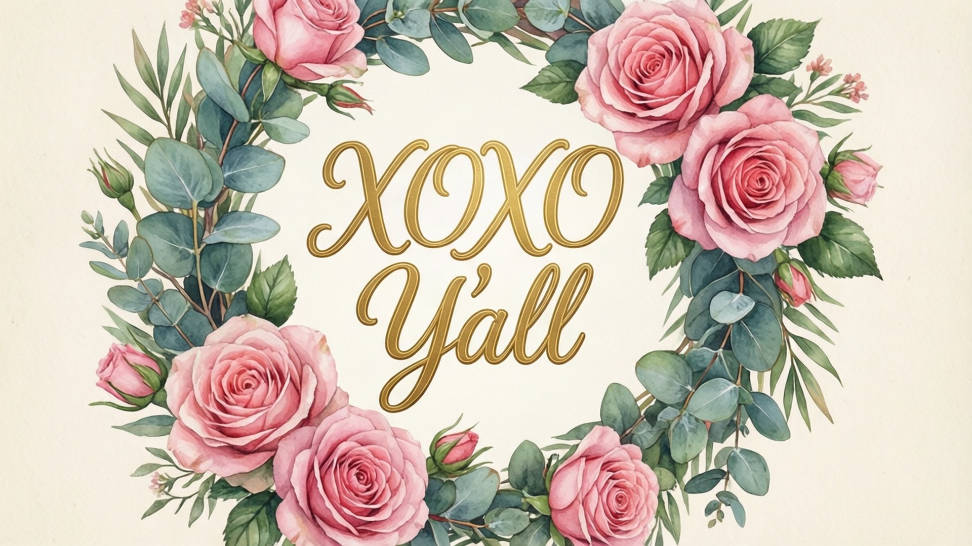 粉紅玫瑰和桉樹花環，金色草書文字 XOXO Y'all