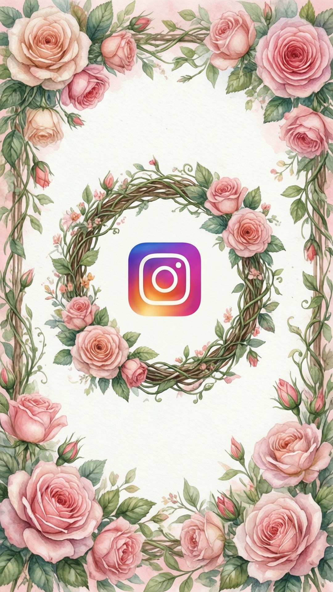 水彩花卉Instagram相框 壁紙 — 一個柔和的水彩花卉框架，由粉紅玫瑰和綠色藤蔓組成，圍繞著中央的Instagram標誌，背景為奶油色。