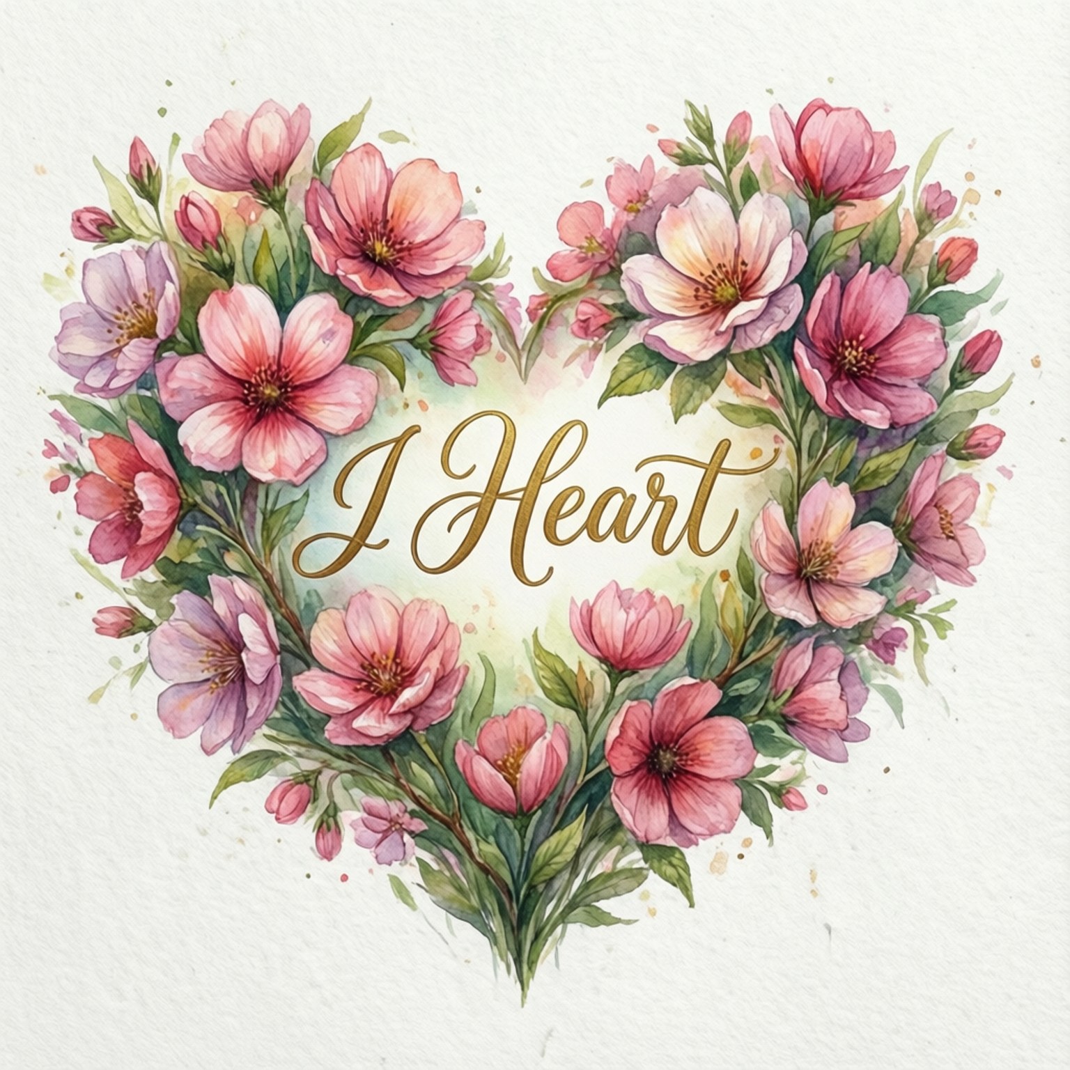 心形花卉設計，粉紅色花朵和綠色葉子環繞金色草書文字 'I Heart'。