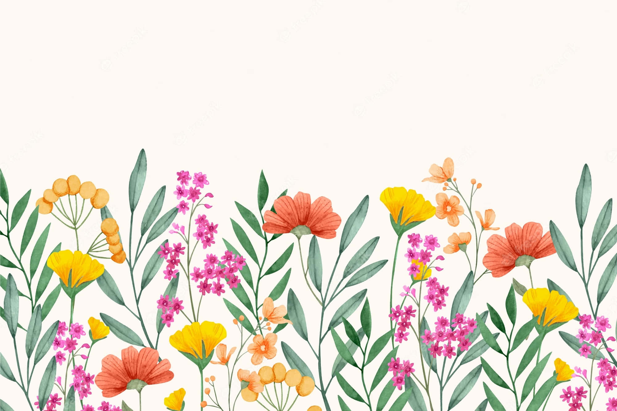 Wildflower 桌布 壁紙 — 水彩花卉邊框，帶有粉紅色、黃色和橙色的花朵以及綠色葉子，背景為柔和的奶油色。