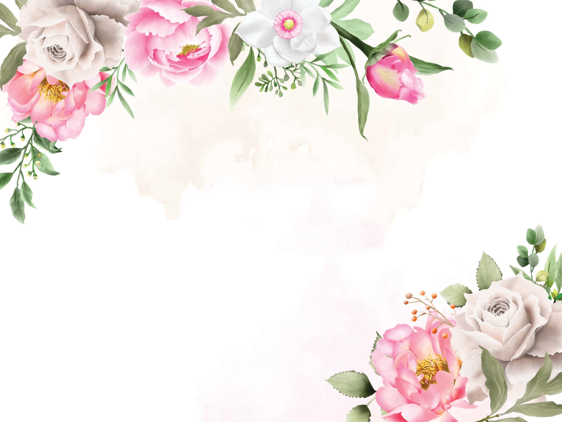 水彩花卉邊框，粉紅與白色花朵 壁紙
