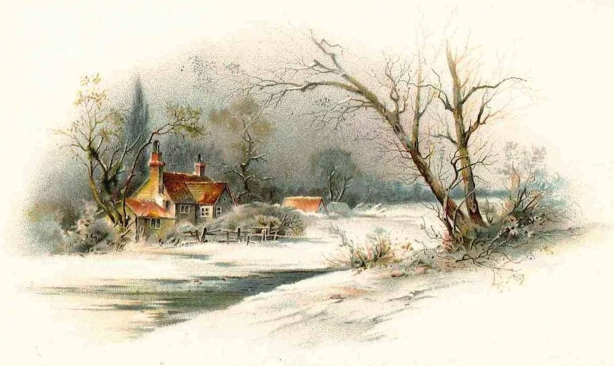 水彩藝術冬季風景 壁紙 — 一幅水彩畫中，一座古雅的雪覆小屋坐落在結冰的河邊，周圍是光禿的冬日樹木。