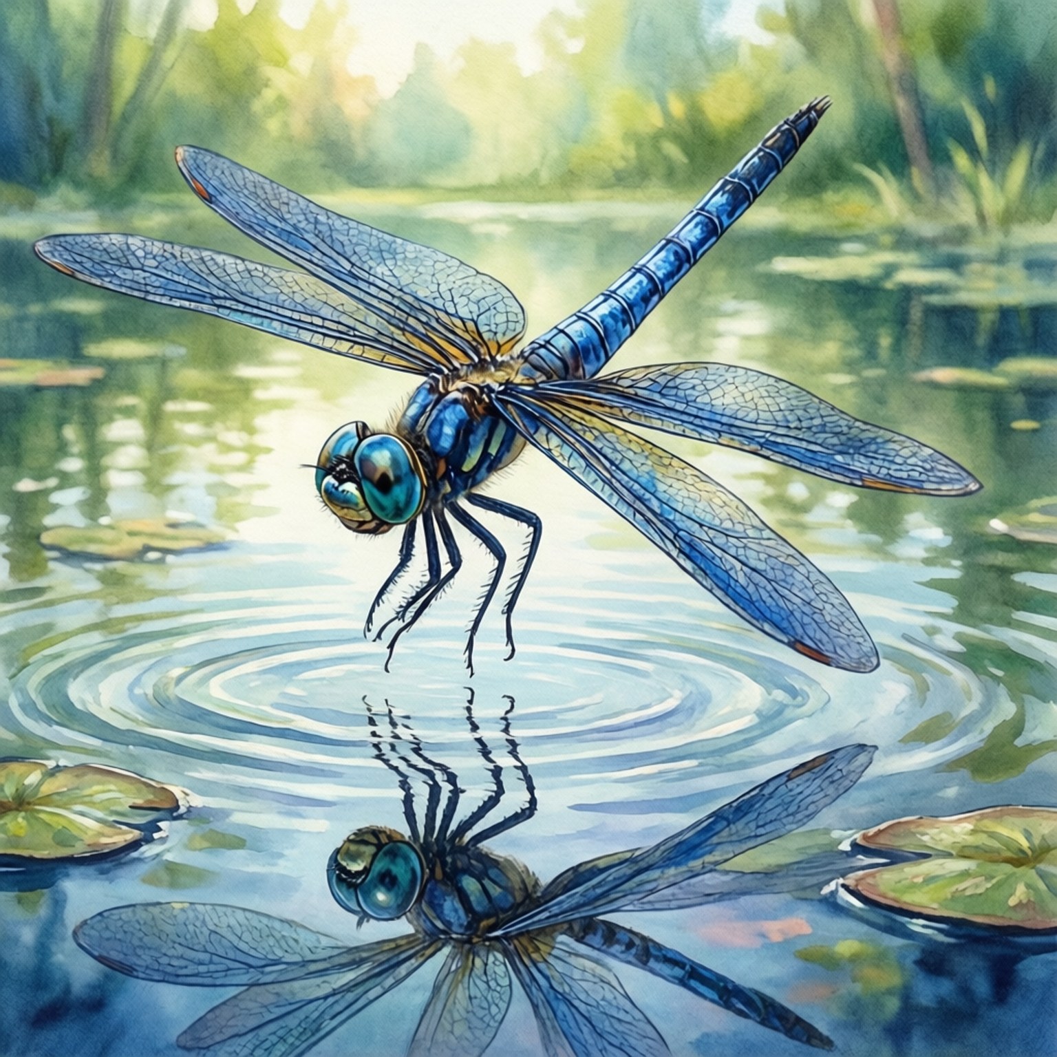 藍色蜻蜓在睡蓮葉的池塘上空盤旋，完美倒影。