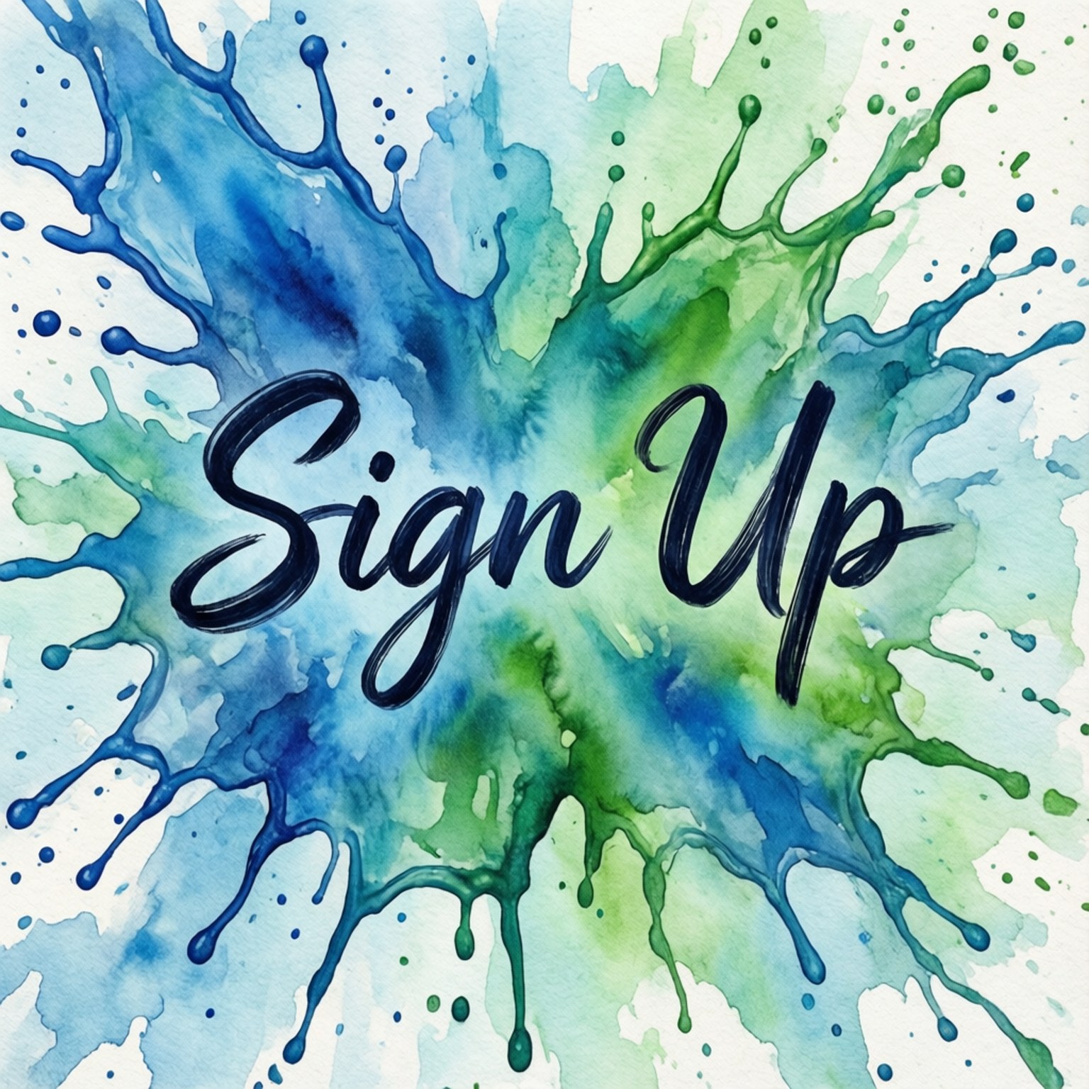 充滿活力的藍色和綠色水彩潑濺，帶有黑色草書文字「Sign Up」。