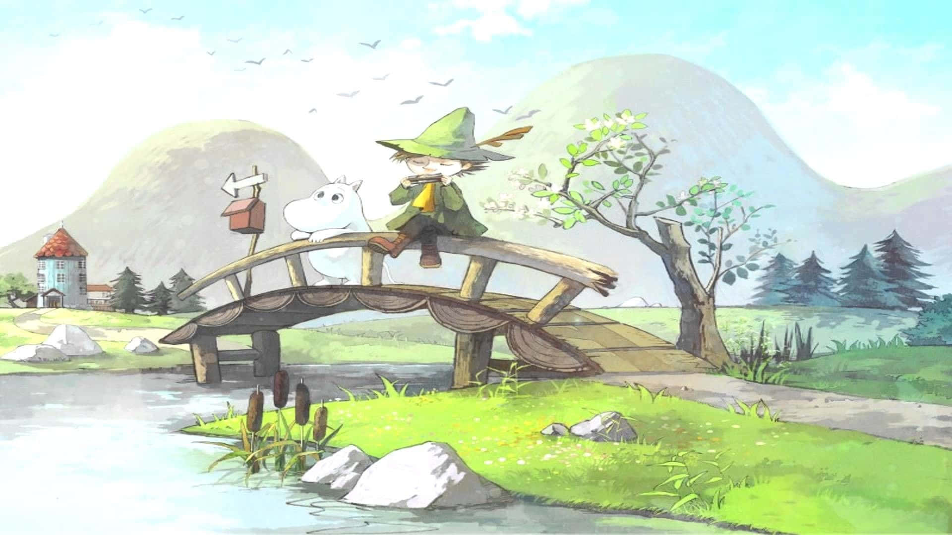 水彩風格姆明桌面背景 壁紙 — 一個異想天開的插圖場景，顯示一個戴著綠色帽子的孩子和一個白色生物坐在一條平靜小溪上的木橋上，背景有起伏的山丘和一間小房子。