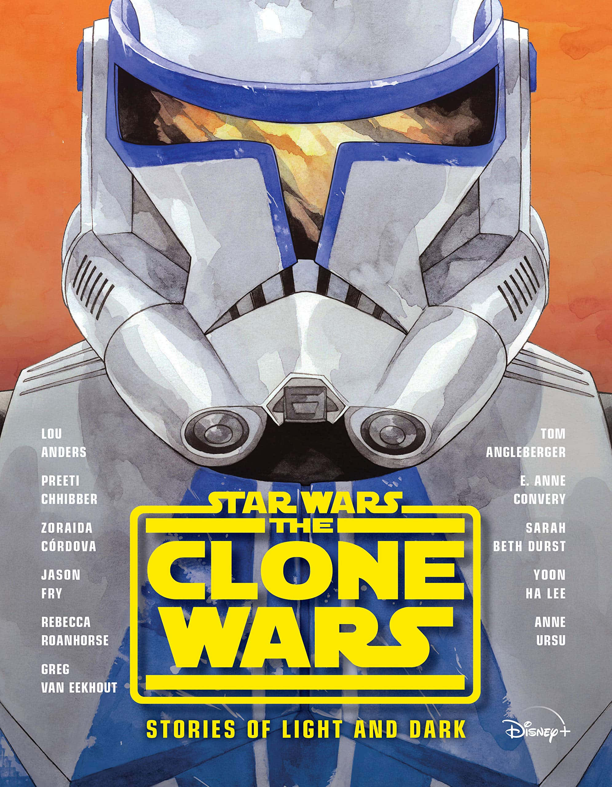 The Clone Army 桌布 壁紙 — 水彩風格特寫，一個複製人突擊兵頭盔，帶有發光的橙色眼睛，背景是熾熱的橙色。