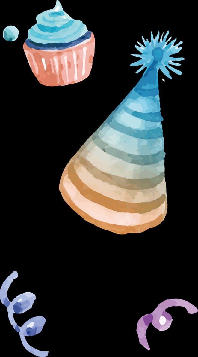 水彩風格生日派對元素 壁紙 — 水彩風格的生日帽和杯子蛋糕漂浮在黑色背景上，散落著五彩紙屑。