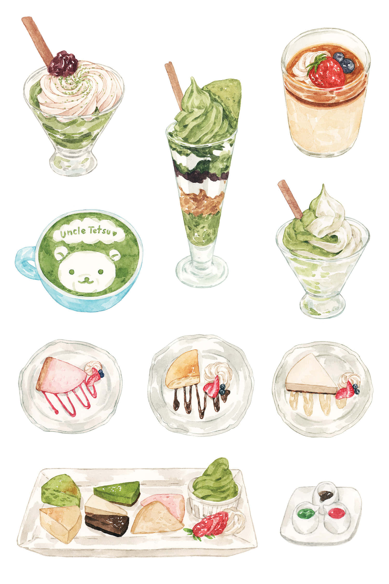 Japanese Sweets 桌布 壁紙 — 水彩風格的抹茶甜品系列，包括芭菲、蛋糕和糕點，整齊地擺放在白色碟子上。