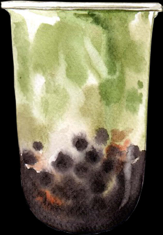 水彩風珍珠奶茶藝術 壁紙 — 一幅水彩畫，描繪一個透明杯中的綠色泡泡茶，內有黑色木薯珍珠，背景為黑色。