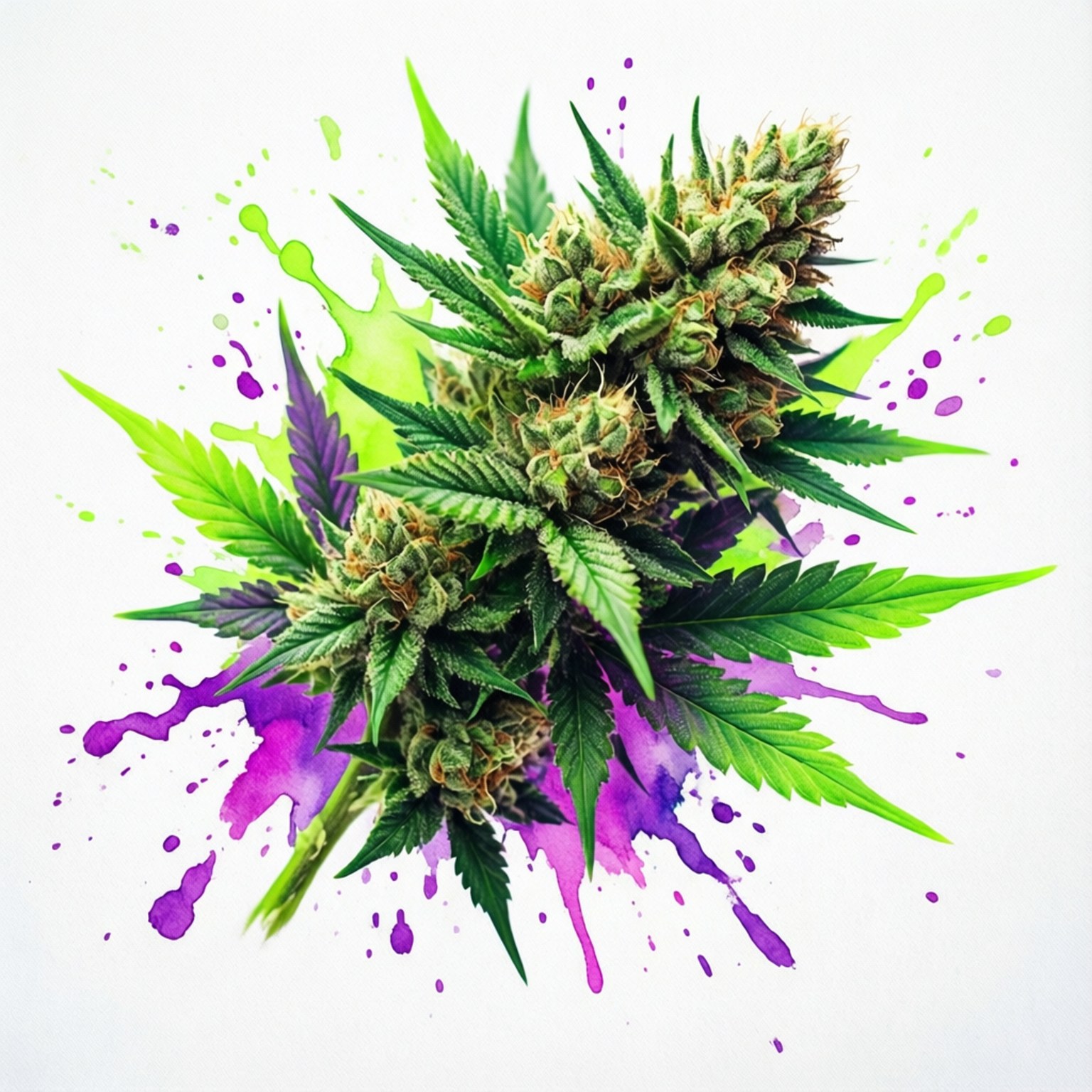 綠色大麻花蕾和葉子，在白色背景上有紫色和綠色油漆飛濺。