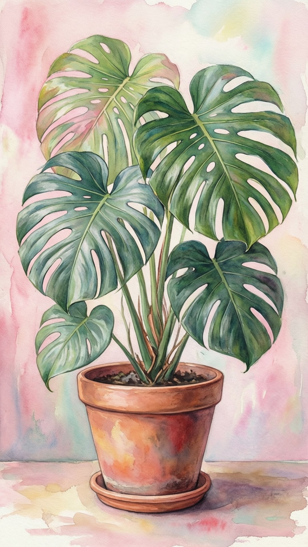 水彩龐貝葉與陶土盆 壁紙 — 一幅水彩畫，描繪了一棵龜背竹植物在陶土花盆中，背景是柔和的粉紅色和粉彩。