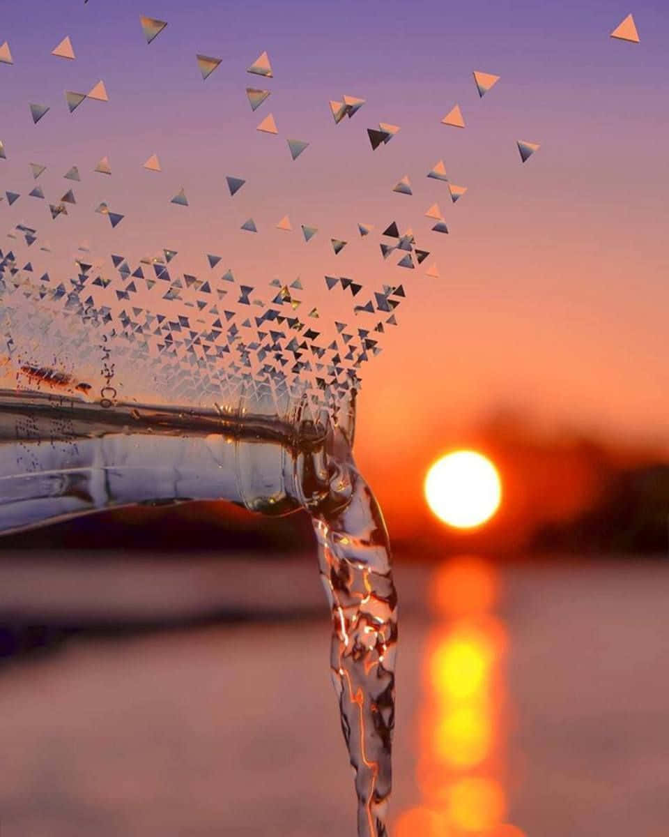Sunset Photography 桌布 壁紙 — 水從玻璃瓶傾瀉而出，映襯著夕陽天空，三角形玻璃碎片在空中漂浮。
