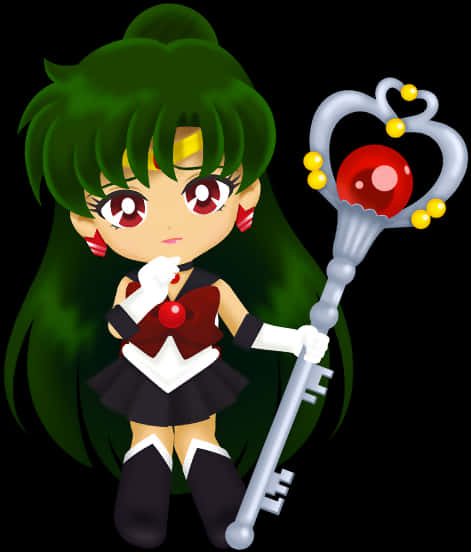 水手冥王動畫角色 壁紙 — Chibi Sailor Jupiter 自信地站立，手持帶有紅色球體和金色裝飾的銀色鑰匙杖，背景為黑色。