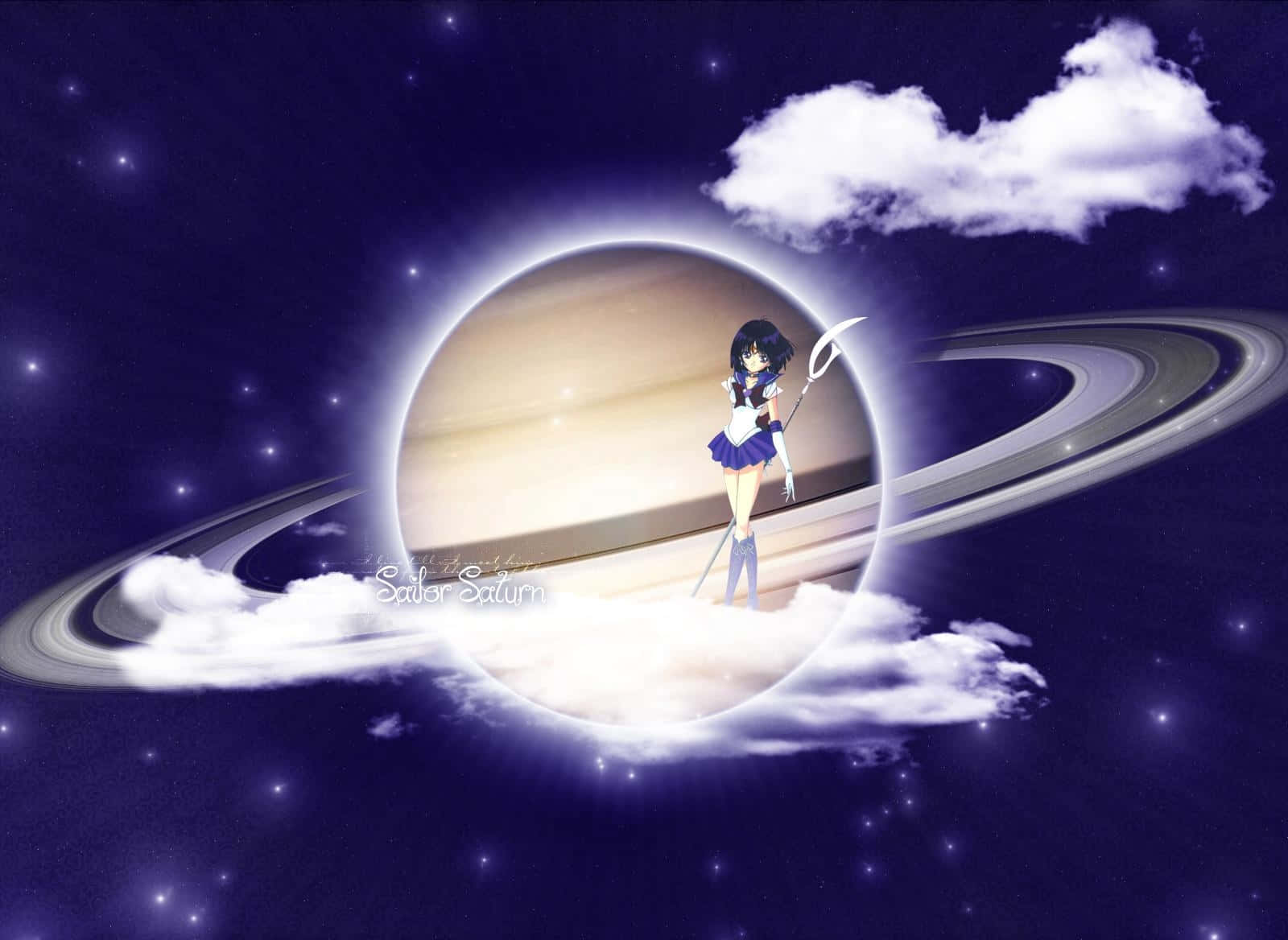 身穿水手服嘅動漫角色企喺雲上面，靠近一個發光環形行星。