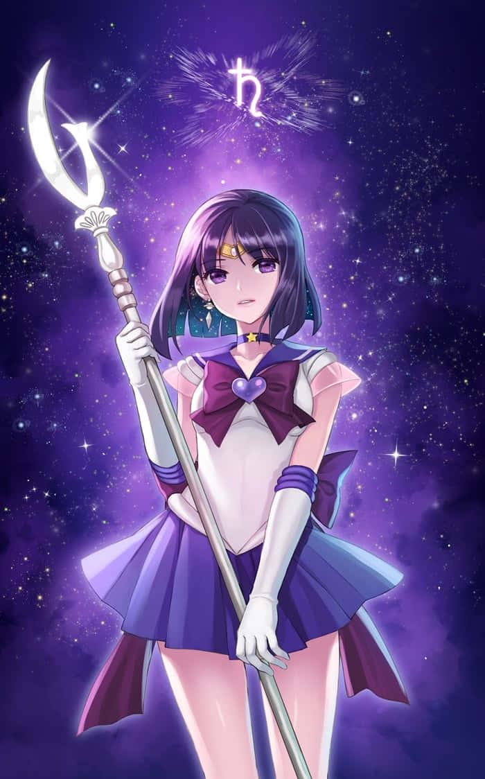 穿著水手服的動漫少女在星空中手持月亮杖。