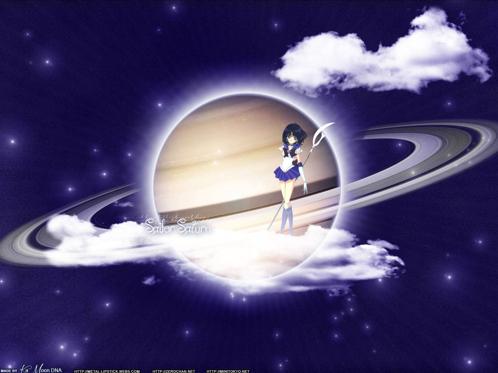 動漫水手女仔喺雲上面，宇宙場景有環形行星同星星
