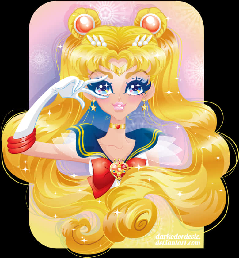 水手月亮 敬禮肖像 壁紙 — 一幅充滿活力的動漫風格插圖，描繪了美少女戰士（Sailor Moon）擁有金色頭髮和閃閃發光的眼睛，在柔和漸變背景前自信地擺出姿勢。