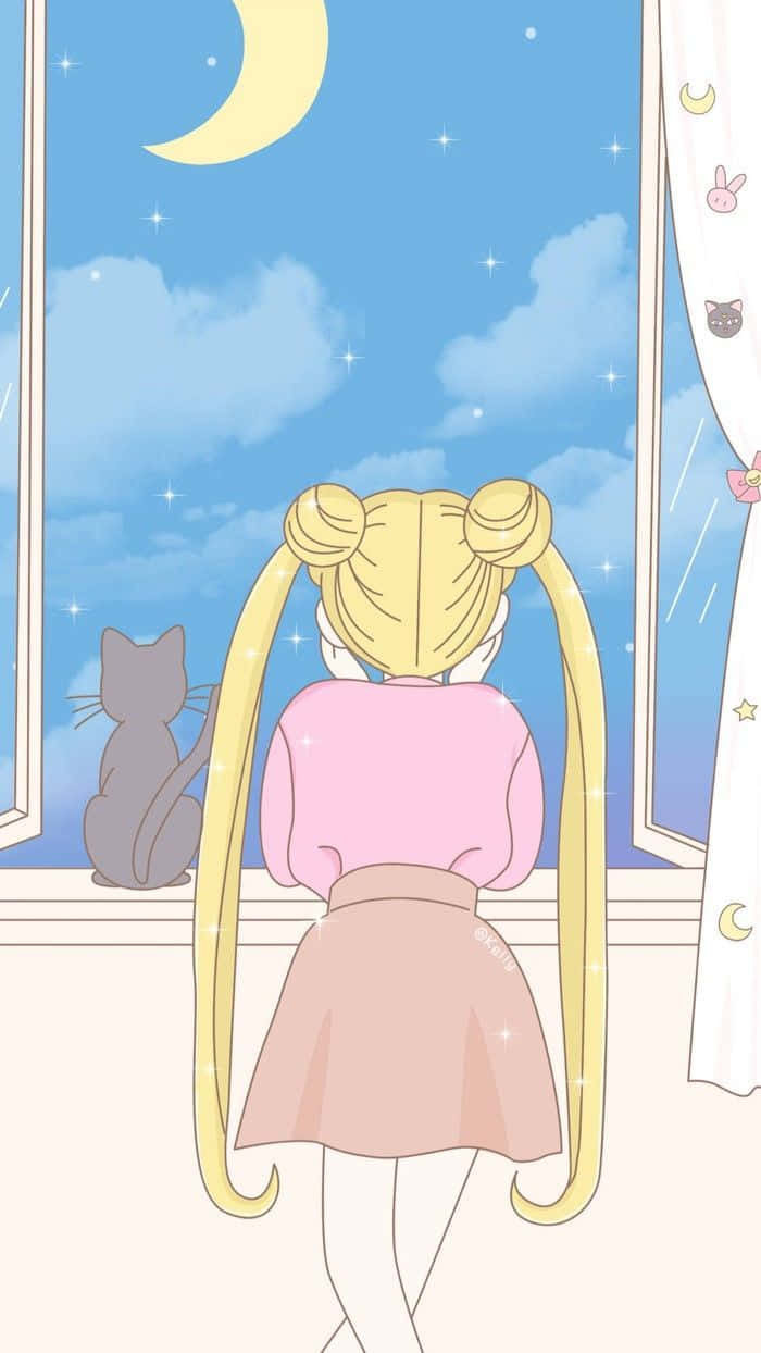 動漫女孩與貓咪一起望向窗外的月亮和星星