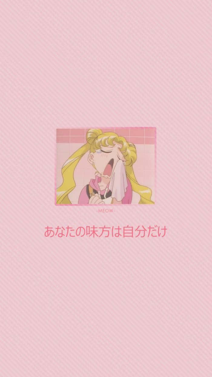 動漫女孩在粉紅色條紋背景上拿著毛巾笑