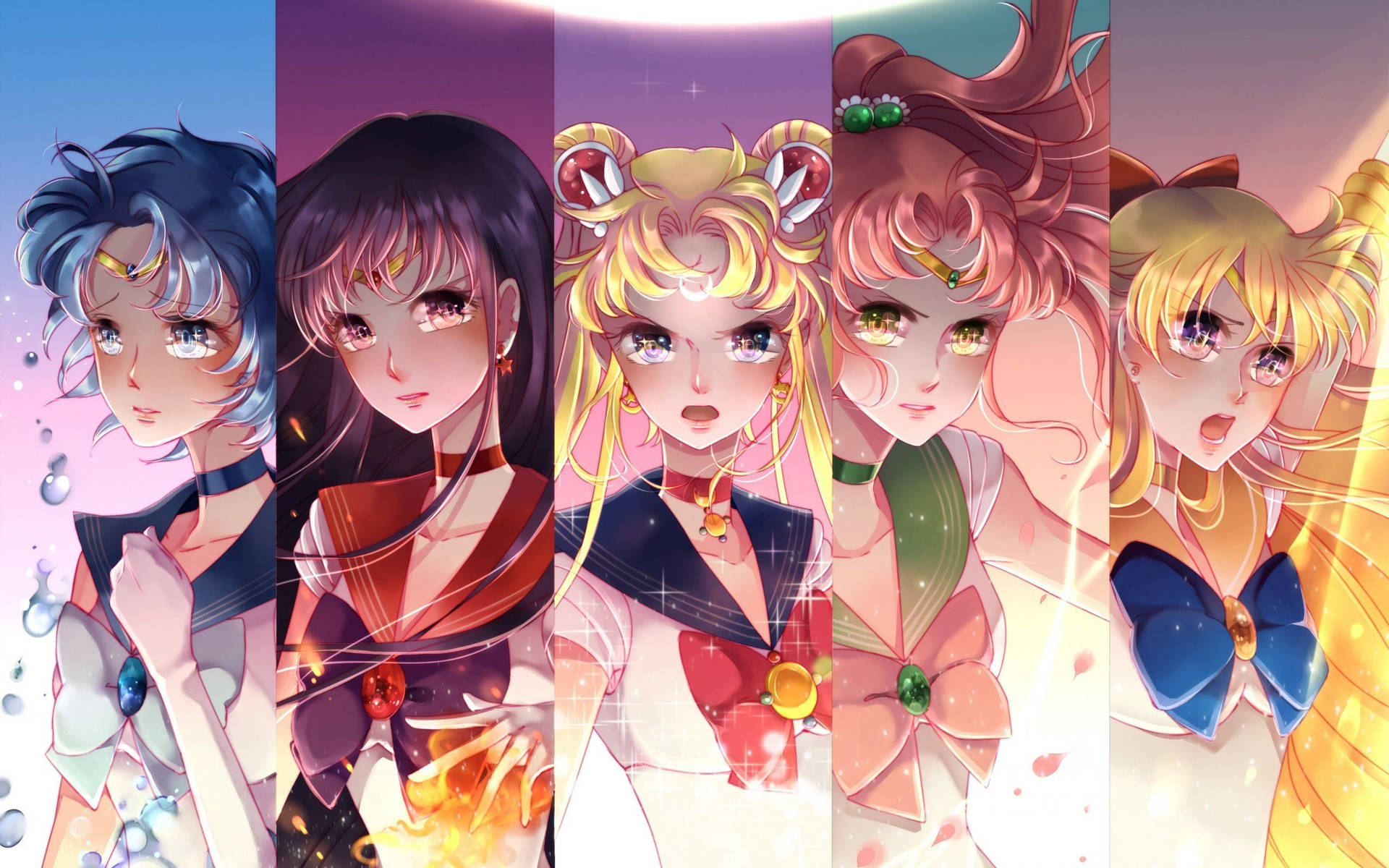 五個穿著水手服的動畫角色，眼睛發光並帶有閃爍效果。 — 美少女戰士 壁紙