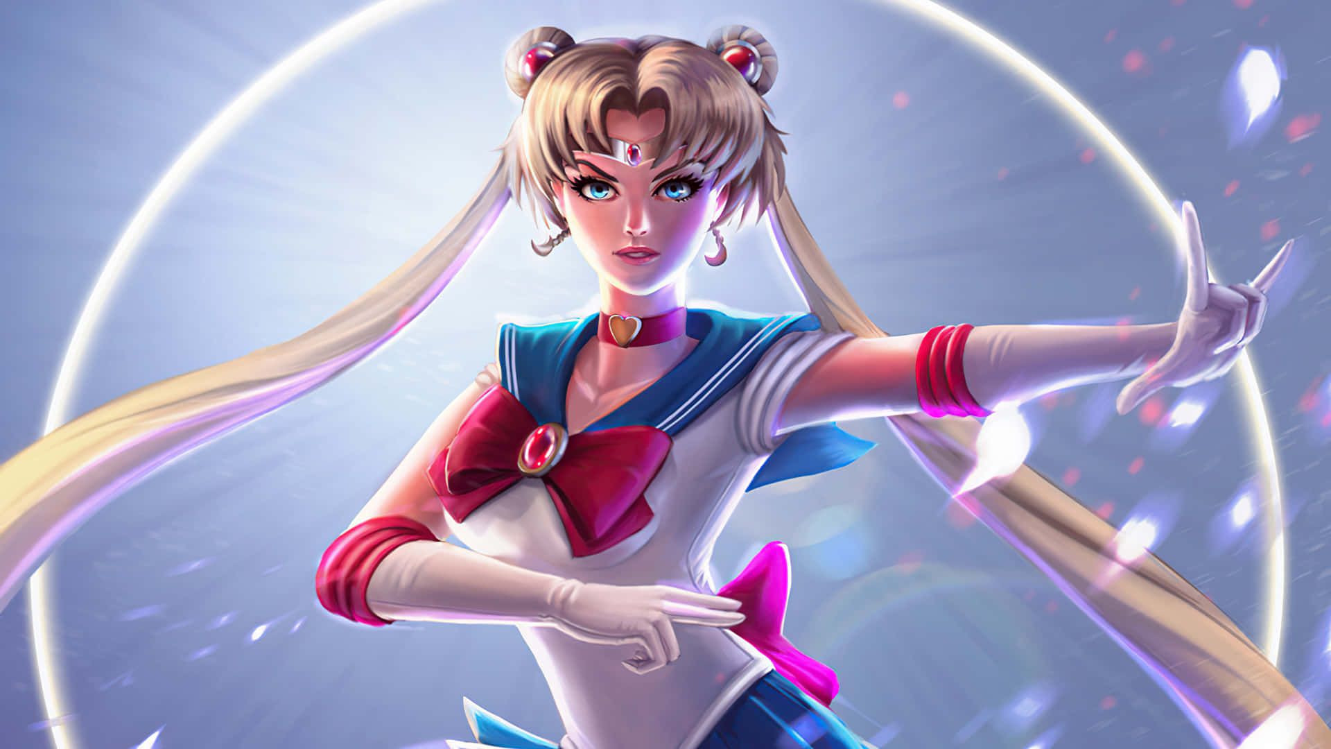 美少女戰士穿著水手服，背後有發光的彎月和閃爍的光芒。