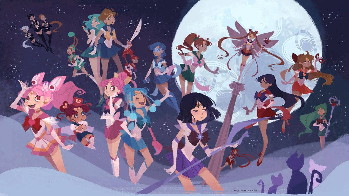 美少女戰士和她的朋友們在夜晚滿月下穿著魔法服裝。