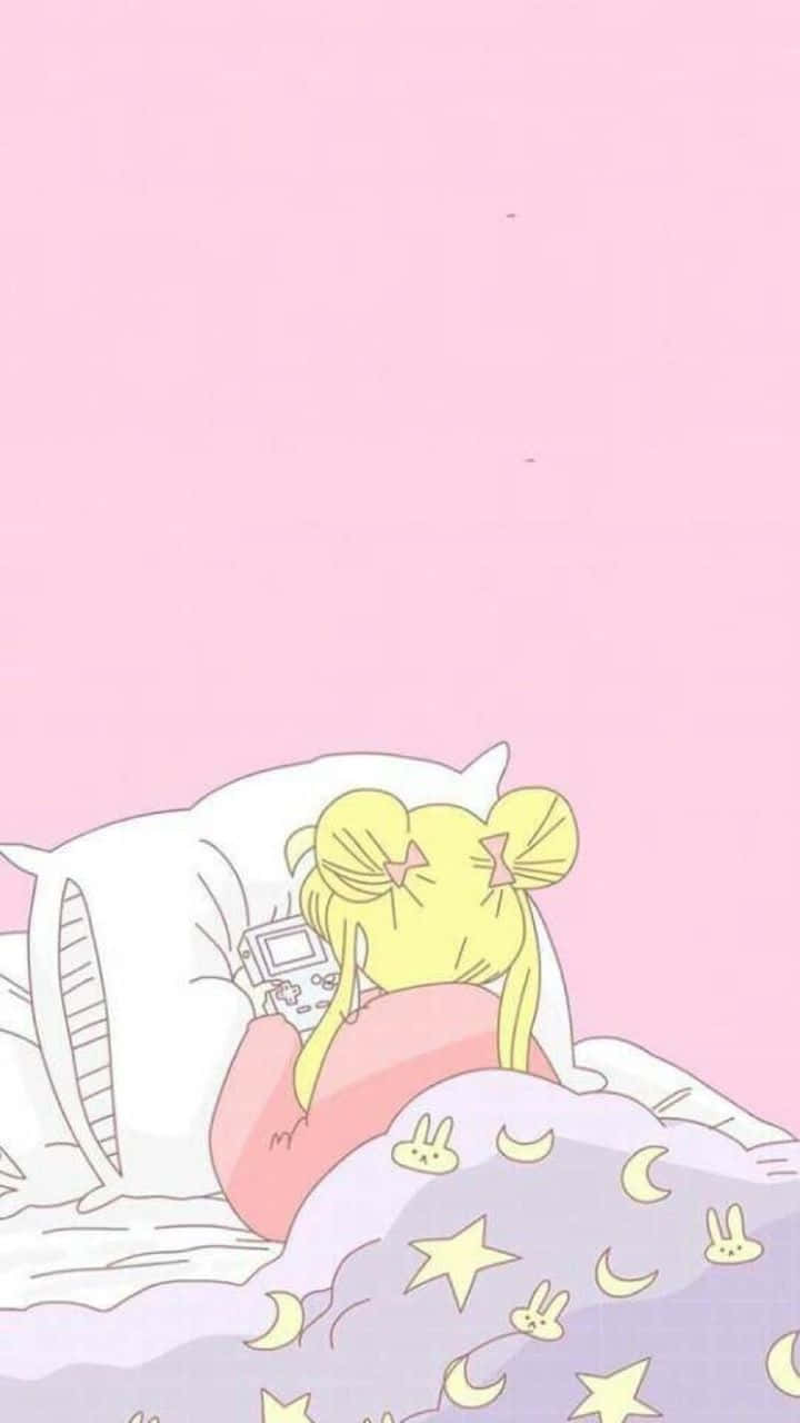 黃色雙馬尾的動漫女孩在星星和月亮毯子下睡覺。