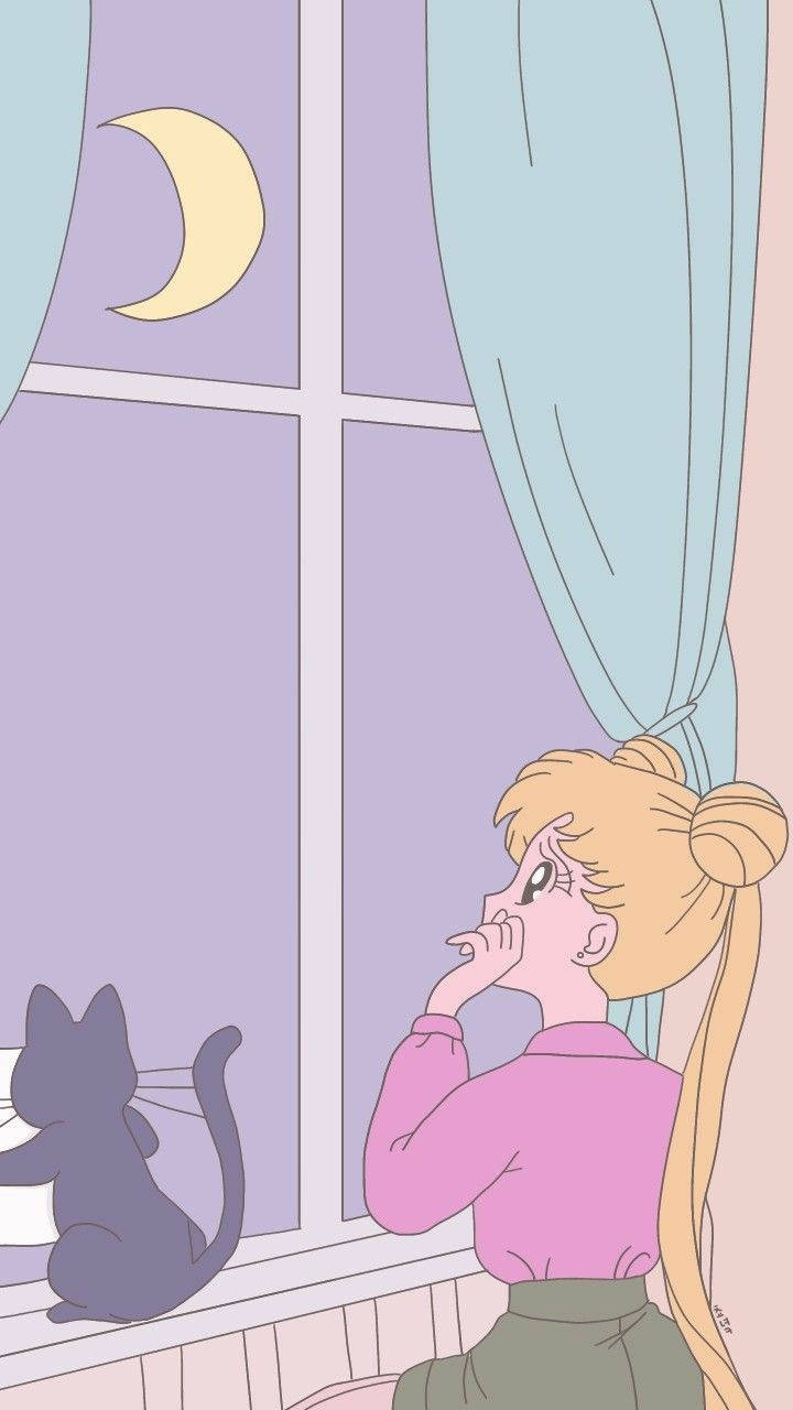 動漫女孩和貓咪在夜晚望著窗外的彎月。