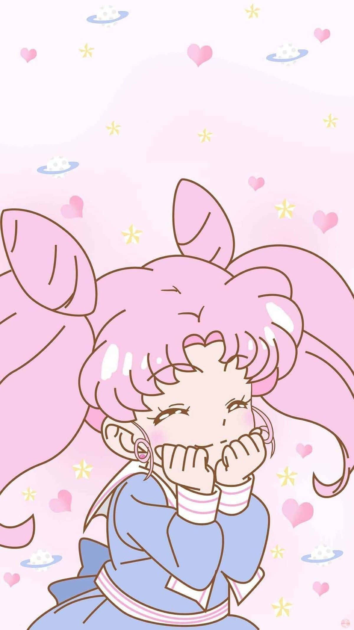 水手月亮的魔法力量 壁紙 — 一個可愛的動漫女孩，粉紅色頭髮和兔耳朵，用雙手捂住嘴巴，心形和星星在她周圍漂浮。
