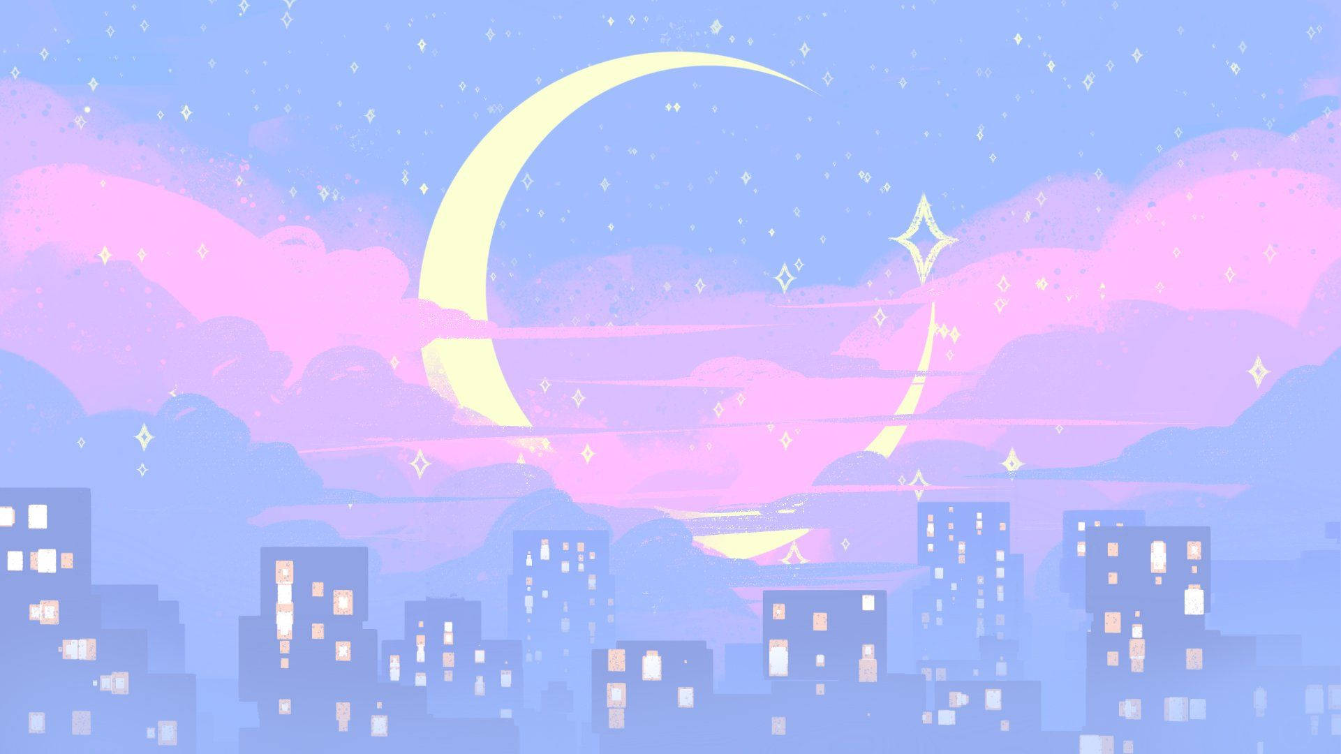 水手月亮風格的柔和城市背景 壁紙 — 夜晚的柔和色調城市景觀，帶有發光的彎月和閃爍的星星，在柔和的粉紅雲層之上。